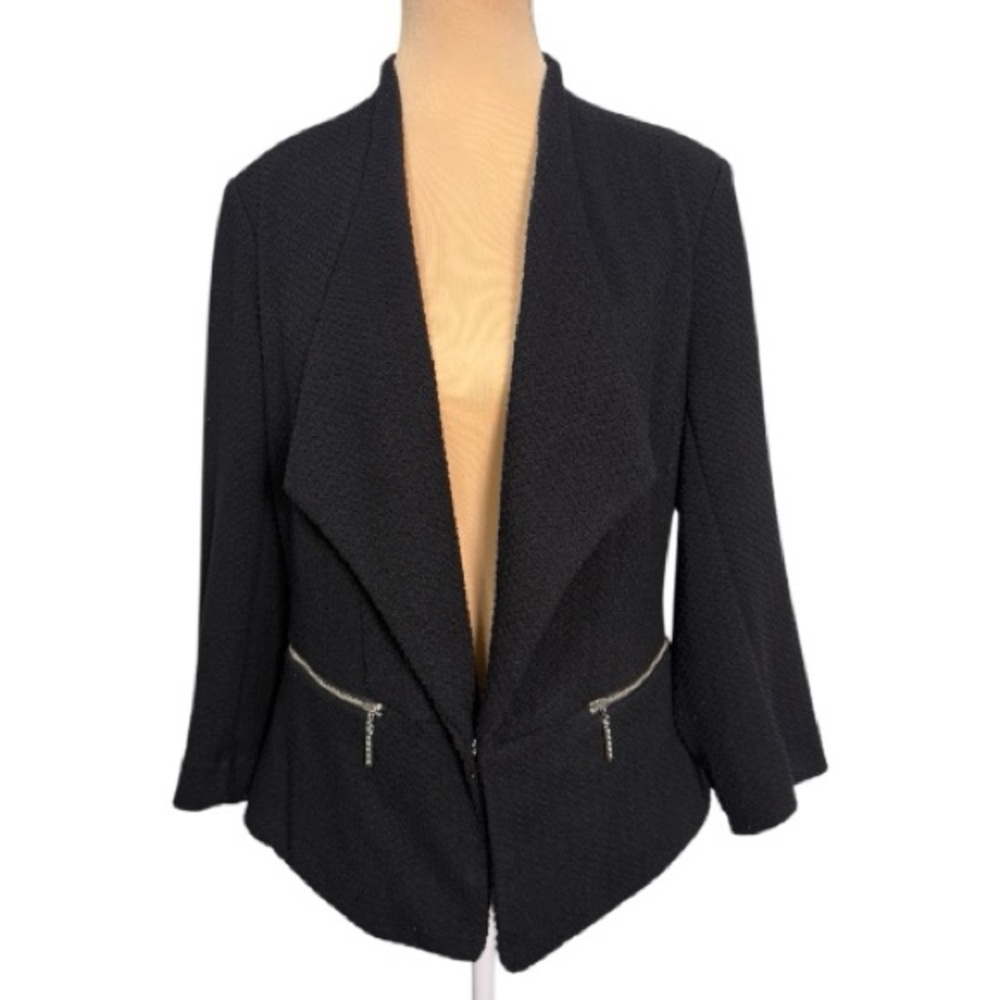 INC Black Textured Knit Waterfall Blazer w/ Rhinestone Zip Pockets Size M EUC